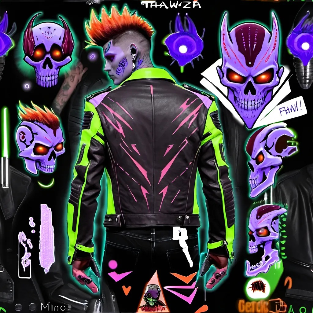 Prompt: Character design sheet male undead monster human villain orange-electric purple fohawk hairstyle white slim fit futuristic leather jacket with unique burgundy and black design work with "thatbadmonster" on the back of the jacket with slim fit tactical cyberpunk jeans with futuristic tactical boots with a neon green aura, with hand tattoos and neck tattoos, and inch red glowing plug earrings.