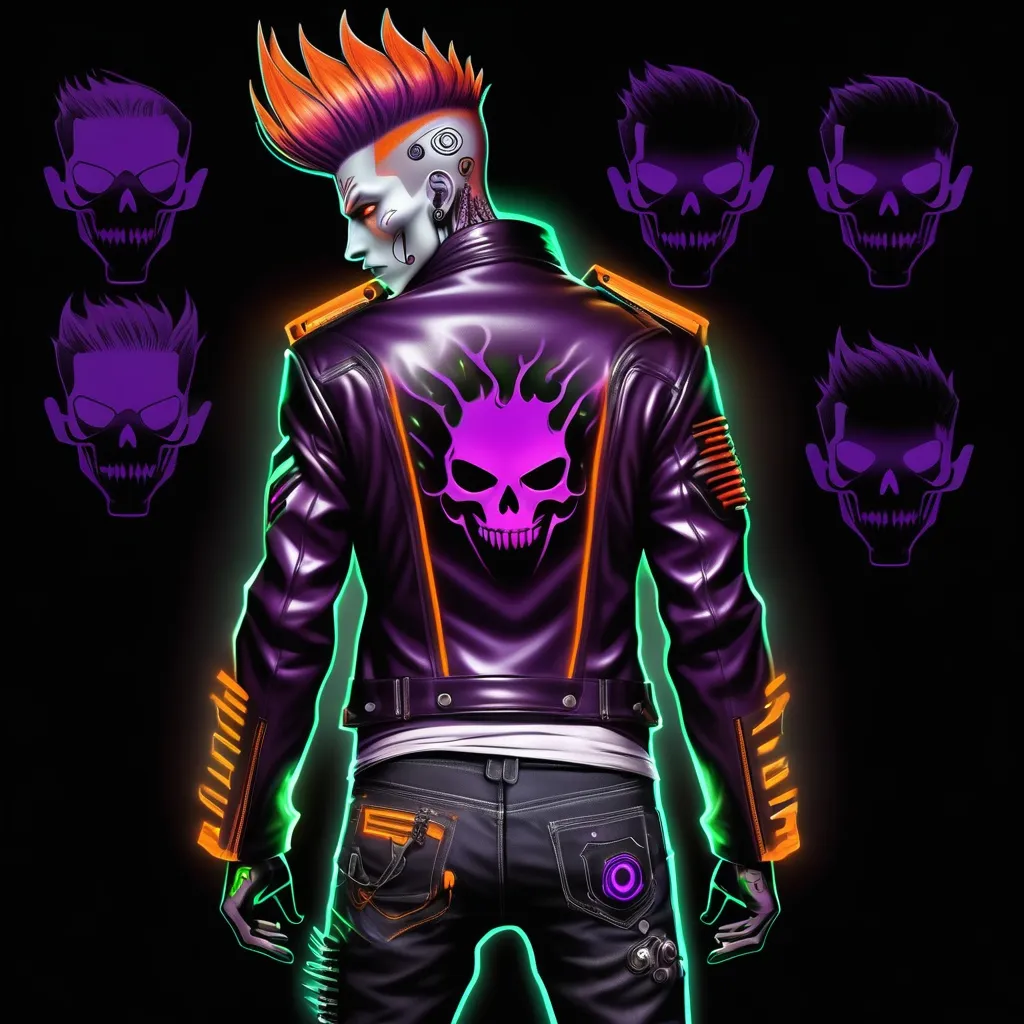 Prompt: Character design sheet male undead monster human villain orange-electric purple fohawk hairstyle white slim fit futuristic leather jacket with unique burgundy and black design work with "thatbadmonster" on the back of the jacket with slim fit tactical cyberpunk jeans with futuristic tactical boots with a neon green aura, with hand tattoos and neck tattoos, and inch red glowing plug earrings.