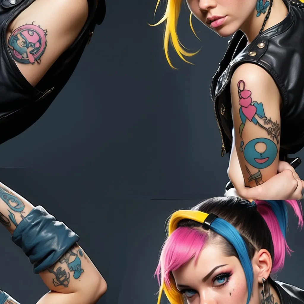 Prompt: Character design sheet woman blue-pink ponytail black leather vest with yellow accents,tattoos