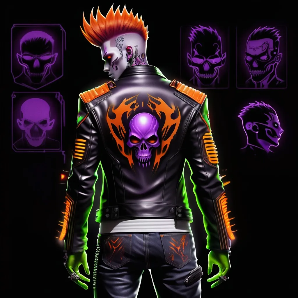 Prompt: Character design sheet male undead monster human villain orange-electric purple fohawk hairstyle white slim fit futuristic leather jacket with unique burgundy and black design work with "thatbadmonster" on the back of the jacket with slim fit tactical cyberpunk jeans with futuristic tactical boots with a neon green aura, with hand tattoos and neck tattoos, and inch red glowing plug earrings.