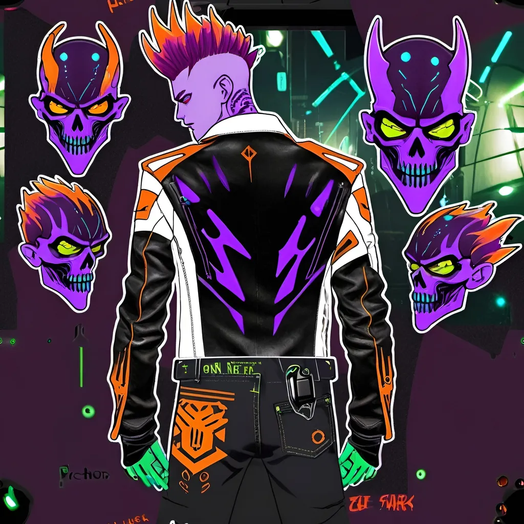 Prompt: Character design sheet male undead monster human villain orange-electric purple fohawk hairstyle white slim fit futuristic leather jacket with unique burgundy and black design work with "thatbadmonster" on the back of the jacket with slim fit tactical cyberpunk jeans with futuristic tactical boots with a neon green aura, with hand tattoos and neck tattoos, and inch red glowing plug earrings.