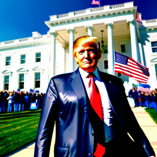 Prompt: (donald trump walking towards the White House), crowd of supporters in the background, (patriotic atmosphere), bright sunny day with vibrant blue sky, flag banners waving, (high-energy), finely detailed expressions of supporters, (photorealistic), daylight capturing realism, (4K), majestic view of the White House, conveying a sense of anticipation and excitement.