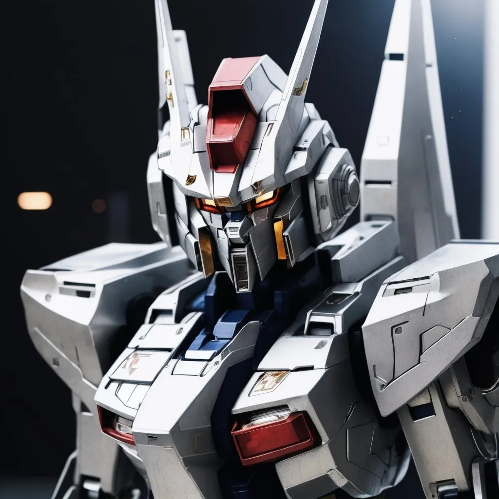 Prompt: Silver Gundam with fox accents, gn particles in the back ground, portrait