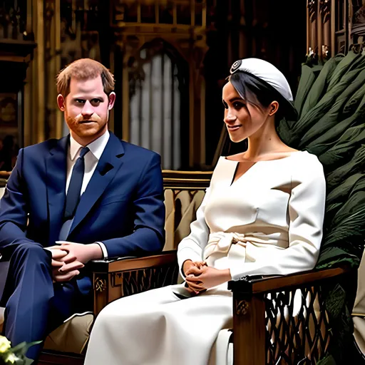 Prompt: Harry and Meghan sit on thrones in a castle wearing crowns