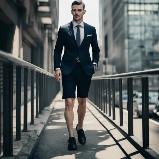 Prompt: Professional man in a suit and shorts, EasyTone shoes, urban city setting, modern business attire, tailored fit, confident stance, high quality, modern, professional, urban, detailed design, sleek look, stylish, atmospheric lighting, casual yet formal