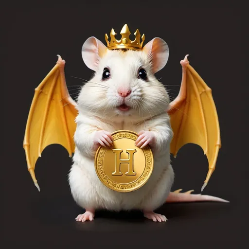 Prompt: A hamster with dragon wings and holding a gold coin H