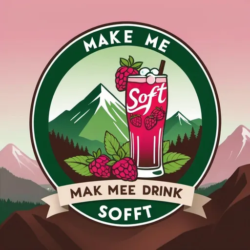Prompt: Make me soft drink logo, circle logo, raspberry, strawberry, lemongrass leaf, ice cubes, home made drink, flat green and brown mountain in the back ground, 
