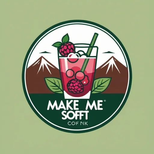 Prompt: Make me soft drink logo, circle logo, raspberry, strawberry, lemongrass leaf, ice cubes, home made drink, flat green and brown mountain in the back ground, 