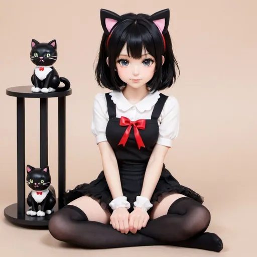 Prompt: Cute a ime girl with cat ears, sitting, stocking holders, skirt, black hair, crossed legs, black pant1es
