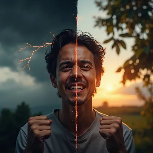 Prompt: Please create a split image with the first image as someone who is very angry, and the other picture of the same person as very satisfied.
