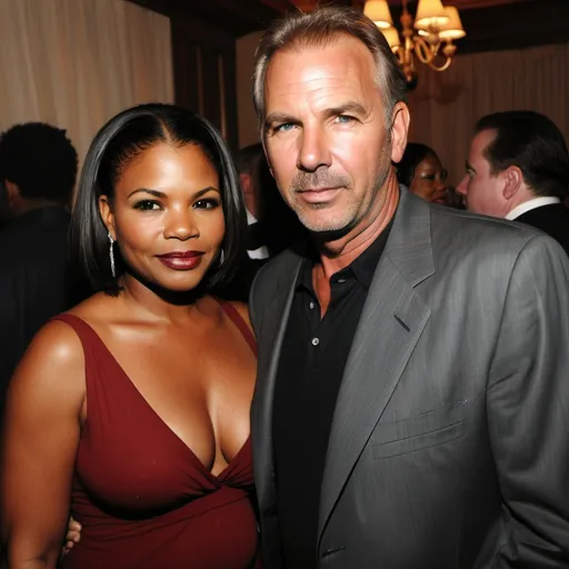 Prompt: Kevin Costner and Nia Long at Chris Rock's birthday party. Show Chris Rock in the background
