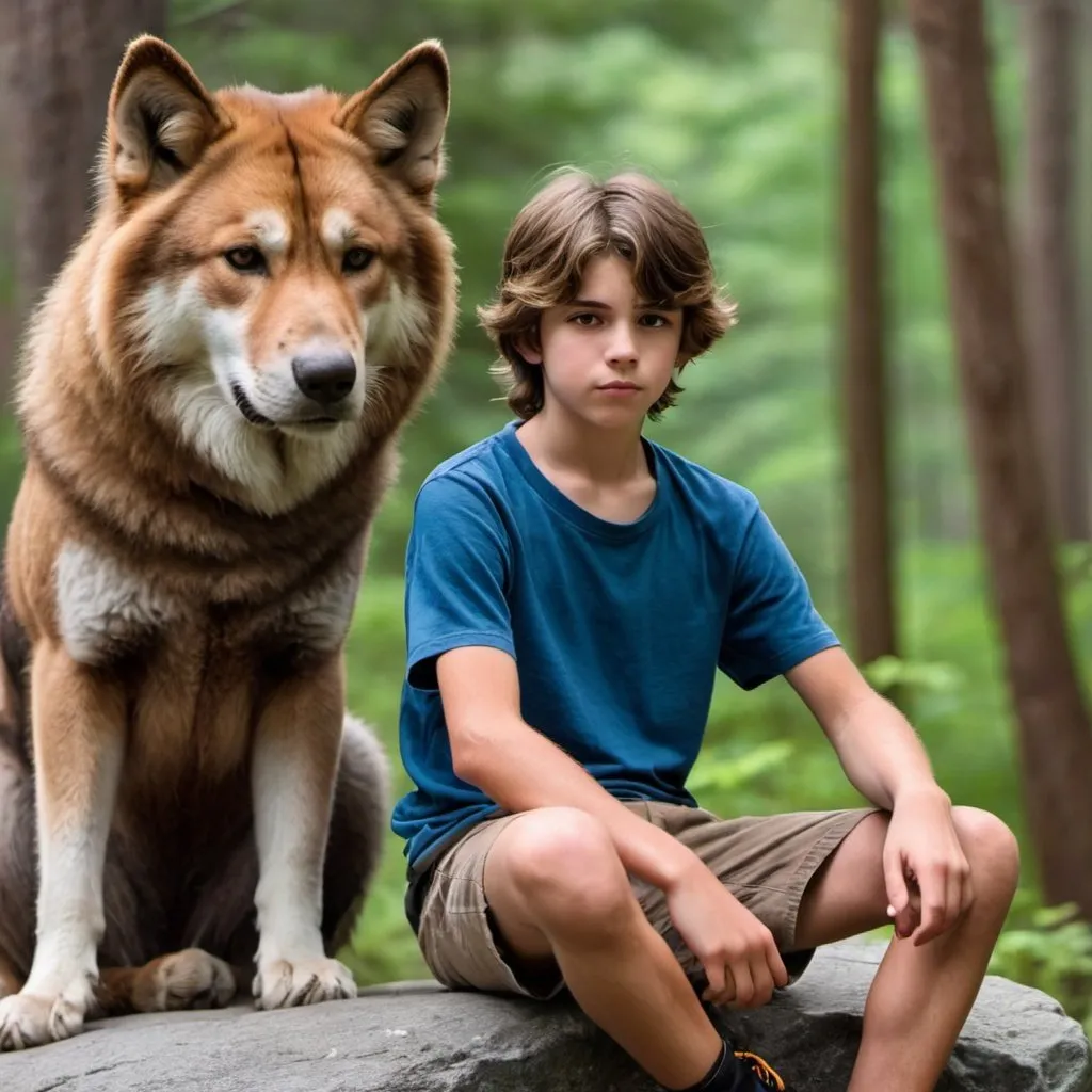 Prompt: A 16 year old brown haired male sitting on a rock overlooking a forest while sitting next to a large wolf make the kid with no shirt and a 6 pack