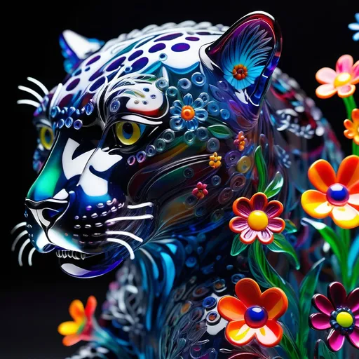 Prompt: A detailed and vibrant transparent dark glass sculpture of a JAGUAR with flowers, intricate details, surreal, colorful background