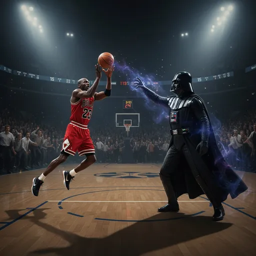 Prompt: Micheal Jordan shooting basketball with darth vader. 

