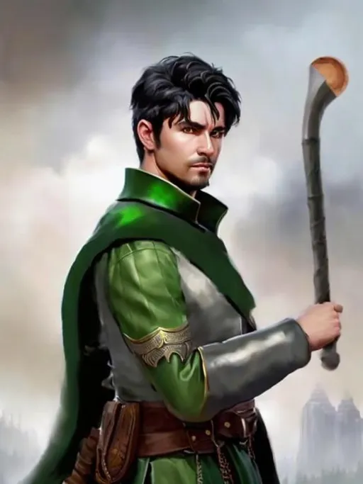 Prompt: Portrait of a 30 year old male ranger with black hair, holding a dark wooden shillelagh, with a dark green cape, wearing a steel chest plate, steel vambrace on forearm, goatee on face, fantasy, intricate, highly detailed, digital painting, trending on artstation, concept art, smooth, sharp focus, illustration art by Stanley Lau and greg rutkowski, unreal engine, 4k