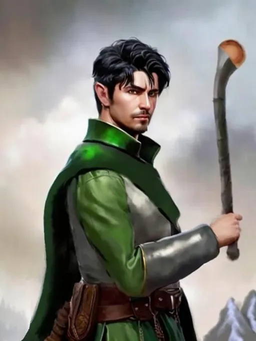 Prompt: Portrait of a 30 year old male ranger with black hair, holding a dark wooden shillelagh, with a dark green cape, wearing a steel chest plate, steel vambrace on forearm, goatee on face, fantasy, intricate, highly detailed, digital painting, trending on artstation, concept art, smooth, sharp focus, illustration art by Stanley Lau and greg rutkowski, unreal engine, 4k