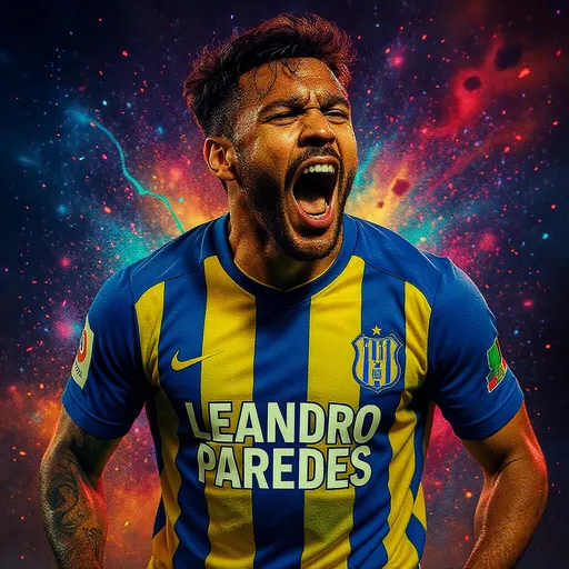 Prompt: A dynamic moment captures a male soccer player in an exuberant celebration, his mouth wide open in a joyous shout, showcasing a sense of triumph and passion for the game. He wears a striking blue and yellow striped jersey featuring the name "Leandro Paredes" prominently across the front, and his team emblem is visible on the left side of his chest. The background bursts with vibrant colors and shimmering particles, enhancing the celebratory atmosphere, while the lighting adds a dramatic flair, spotlighting his expression and the details of his physique. The image conveys an electrifying moment in sports, filled with energy and excitement, making it feel almost alive with the spirit of victory.