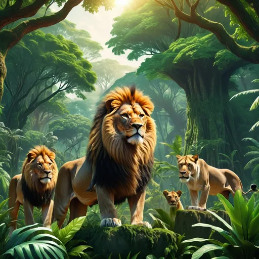 Prompt: Dense lush green jungle, towering trees, vibrant colorful plants surrounding, powerful fearless lion in the center, surrounded by various animals, showing fear and respect, kingly posture, serene yet proud demeanor, dappled sunlight filtering through the foliage, rich shades of green, tranquil ambiance, harmony of nature, high detail, 4K resolution, ultra-detailed wildlife scene, cinematic delight.
