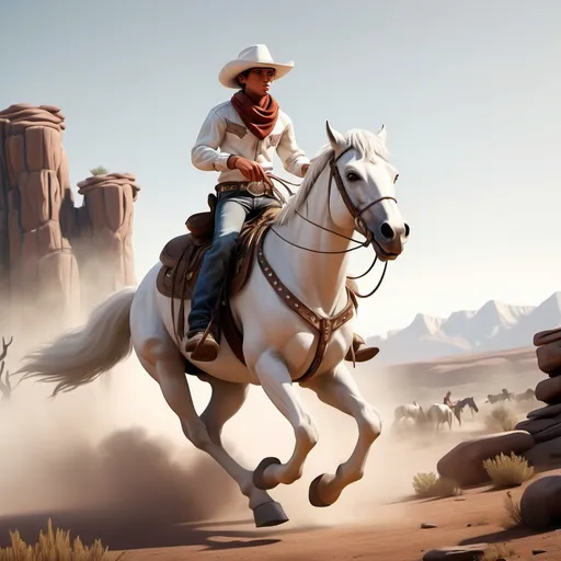 Prompt: A young cowboy on a white animated dangerous horse arriving into the wild wild west