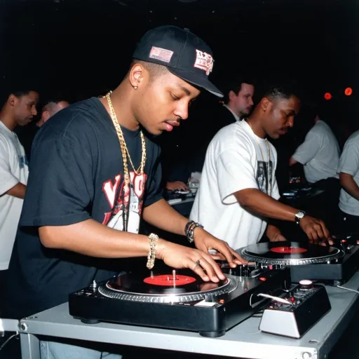 Prompt: dj young blood rock mixing and scratching on two turntables way too fast at the 1996 wrong way u.s.a. dj mixing finals