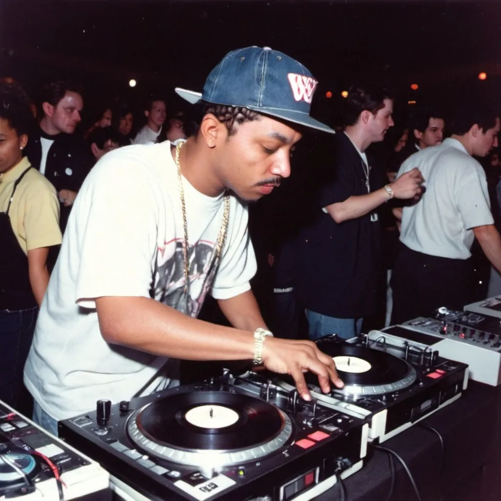 Prompt: dj dragon chew mixing and scratching on two turntables way too fast at the 1991 wrong way u.s.a. dj mixing finals