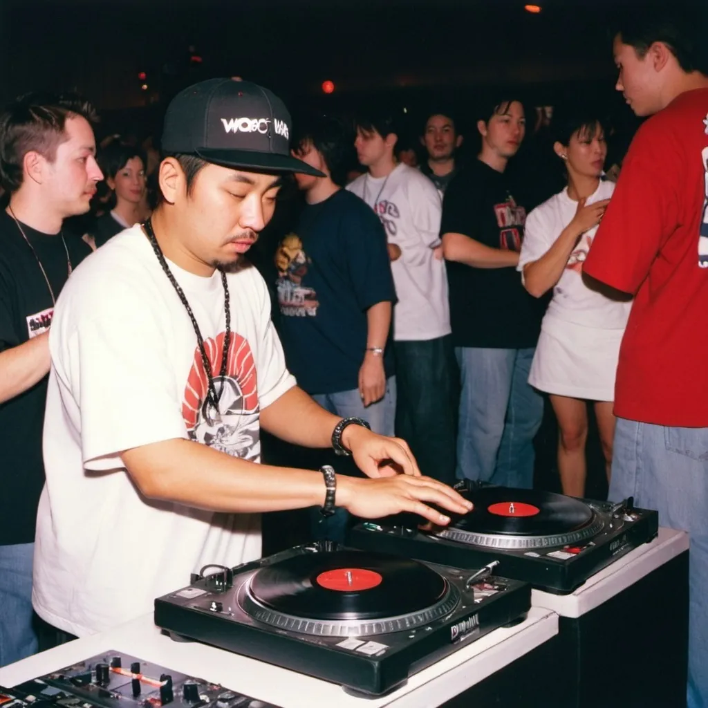 Prompt: dj orochi mixing and scratching on two turntables way too fast at the 1998 wrong way u.s.a. dj mixing finals