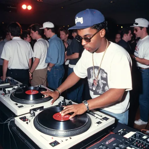 Prompt: dj gunloc mixing and scratching on two turntables way too fast at the 1990 wrong way u.s.a. dj mixing finals