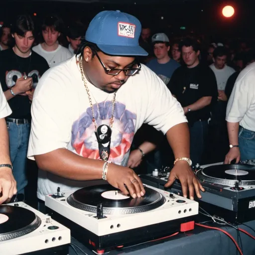 Prompt: dj big wallop mixing and scratching on two turntables way too fast at the 1991 wrong way u.s.a. dj mixing finals