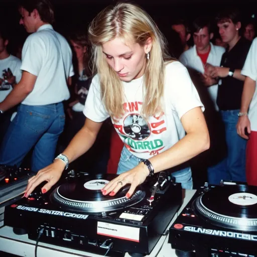 Prompt: dj veronica engstrom from sweden mixing and scratching on two turntables way too fast at the 1990 stanton world dj mixing championships eliminations