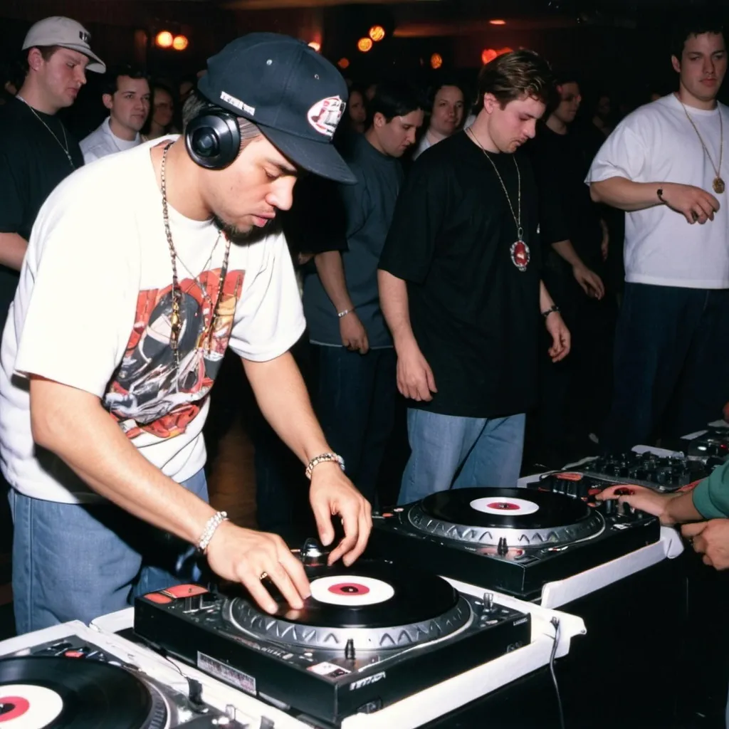 Prompt: dj iron fist mixing and scratching on two turntables way too fast at the 1998 wrong way u.s.a. dj mixing finals