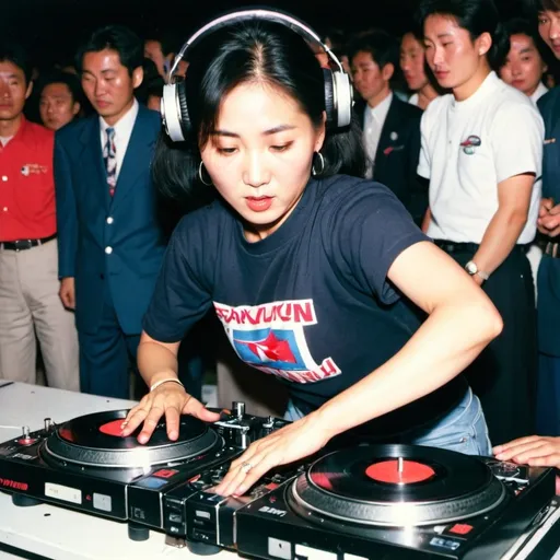 Prompt: dj pak ji-ryung, female dj from north korea mixing and scratching on two turntables way too fast at the 1990 stanton world dj mixing championships eliminations