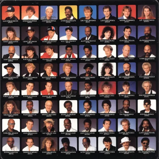 Prompt:  the 1990 stanton world dj mixing championships eliminations home video vhs back cover. back cover show portraits of all 93 participating dj's with their names and country origins.