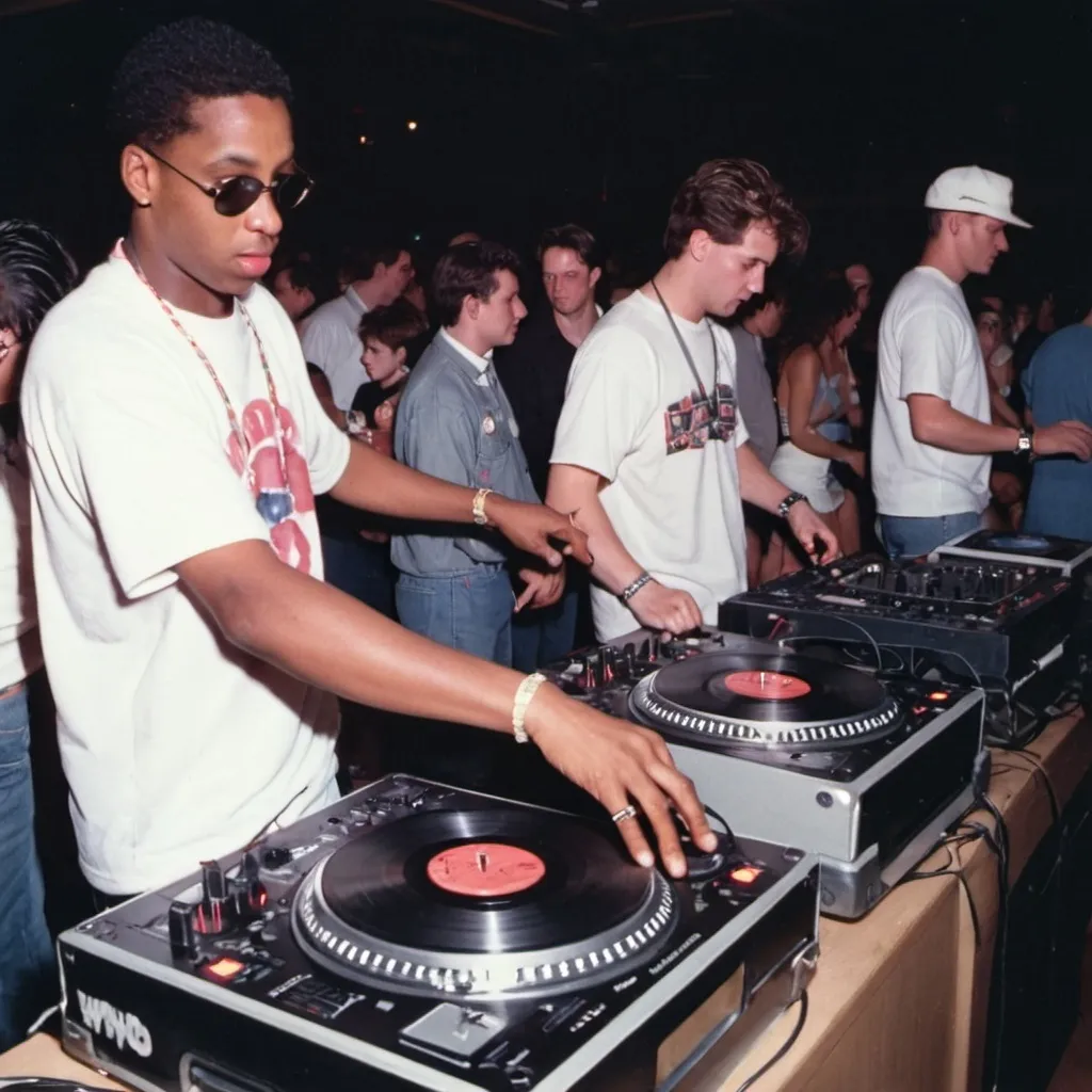 Prompt: dj fight machine mixing and scratching on two turntables way too fast at the 1991 wrong way dj u.s.a. finals