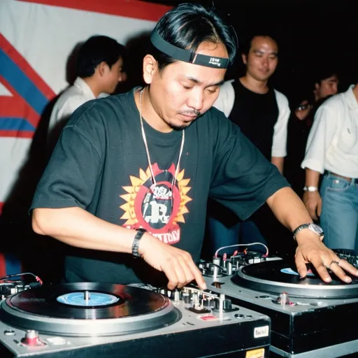 Prompt: dj dicky kruniawan from indonesia mixing and  scratching on two turntables at the 1990 stanton world dj mixing championships eliminations