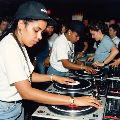 Prompt: dj estela escribano from dominican republic mixing and scratching on two turntables way too fast at the 1990 stanton world dj mixing championships eliminations