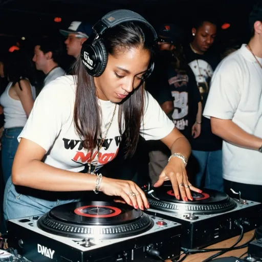 Prompt: dj  lucky day, female dj mixing and scratching on two turntables extremely too fast at the 1994 wrong way u.s.a dj mixing finals