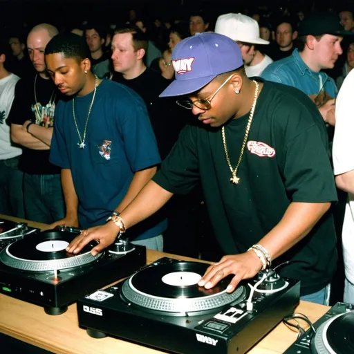 Prompt: dj bulletproof mixing and scratching on two turntables way too fast at the 1998 wrong way u.s.a. dj mixing finals