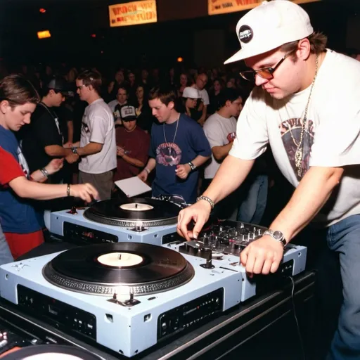 Prompt: dj strider mixing and scratching on two turntables way too fast at the 1998 wrong way u.s.a. dj mixing finals