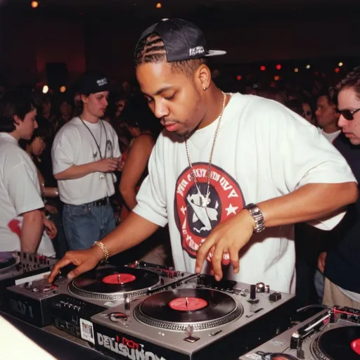 Prompt: dj delusional mixing and scratching on two turntables way too fast at the 1997 wrong way u.s.a. dj mixing finals