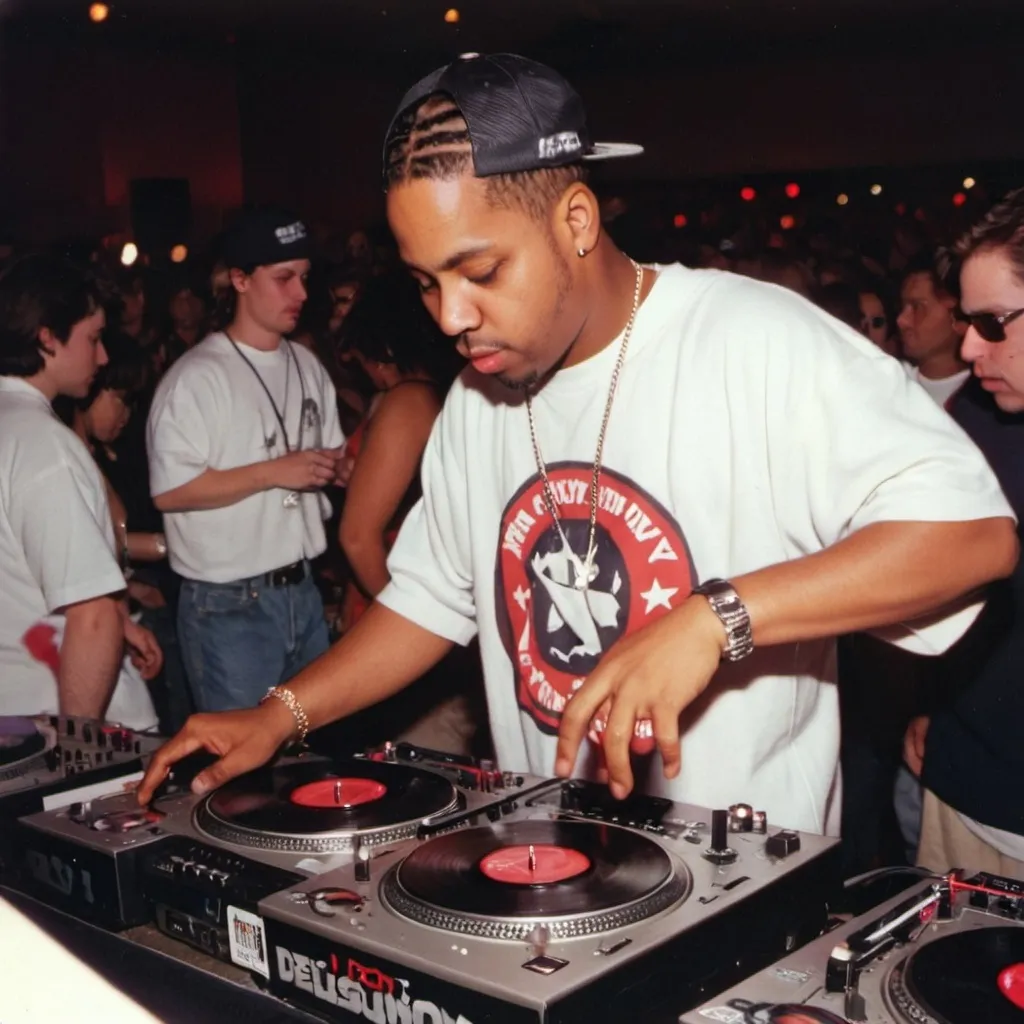 Prompt: dj delusional mixing and scratching on two turntables way too fast at the 1997 wrong way u.s.a. dj mixing finals