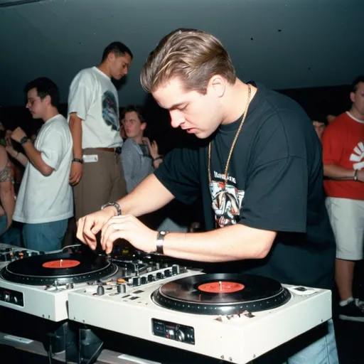 Prompt: dj  lewis hughes mixing and scratching on two turntables extremely too fast at the 1994 wrong way u.s.a dj mixing finals