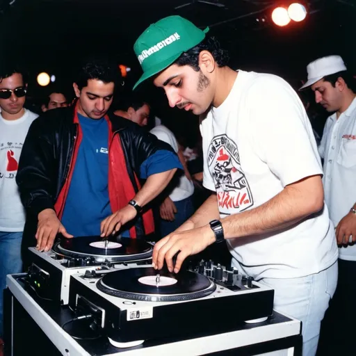 Prompt: dj khawla el-taha from saudi arabia mixing and  scratching on two turntables at the 1990 stanton world dj mixing championships eliminations