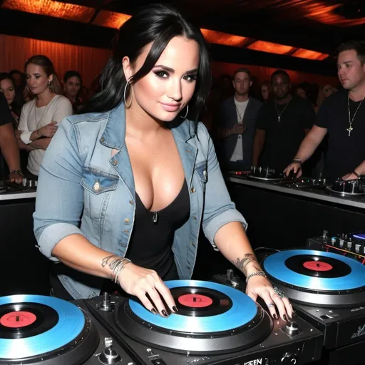 Prompt: dj demi lovato mixing and scratching on two turntables extremely too fast at the wheels of silken steel celebrity ladies' dj mixing battleground