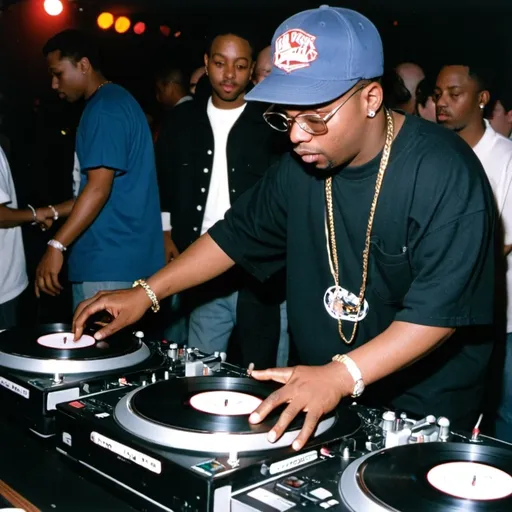 Prompt: dj bad boy black mixing and scratching on two turntables way too fast at the 1997 wrong way u.s.a. dj mixing finals