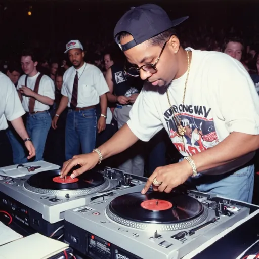 Prompt: dj doc louis mixing and scratching on two turntables way too fast at the 1990 wrong way u.s.a. dj mixing finals