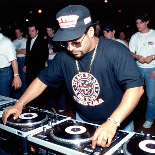 Prompt: dj super macho man mixing and scratching on two turntables way too fast at the 1992 wrong way u.s.a. dj mixing finals