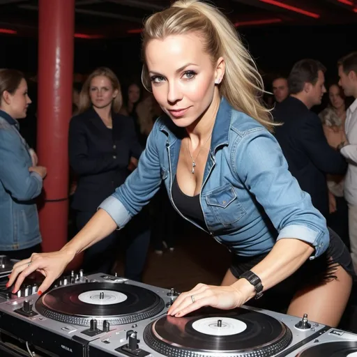 Prompt: dj oksana baiul. 90's professional figure skater mixing and scratching on two turntables extremely too fast at the wheels of silken steel celebrity ladies' dj mixing battleground