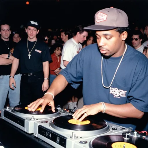 Prompt: dj texas mac mixing and scratching on two turntables way too fast at the 1990 wrong way u.s.a. dj mixing finals