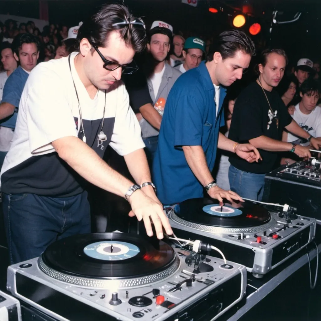 Prompt: dj doctor guido mixing and scratching on two turntables way too fast at the 1990 wrong way u.s.a dj mixing finals