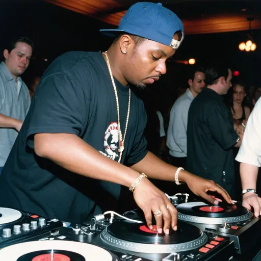 Prompt: dj rowdy ronald mixing and scratching on two turntables way too fast at the 1997 wrong way u.s.a. dj mixing finals